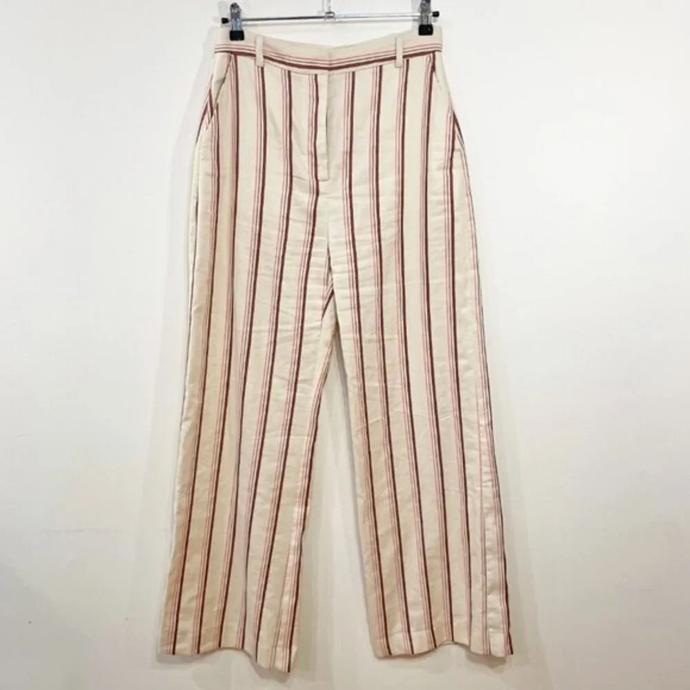 EUC Sezane Matheo Striped Linen Cotton Wide Leg Pant Ecru Brown 38, 6